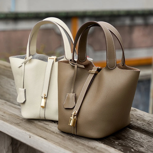 Ladies Handbag Female Bucket Bag Basket Shoulder Bag Travel Bag Large Soft Cowhide Leather Tote with Lock Design