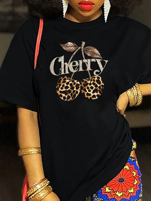 Women's Casual Cherry Print T-Shirt with Leopard Print Cherries & Letter Design - Short Sleeve, Crew Neck Ladies T Shirts - Luxe Ladies Moda