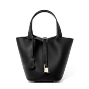 Ladies Handbag Female Bucket Bag Basket Shoulder Bag Travel Bag Large Soft Cowhide Leather Tote with Lock Design