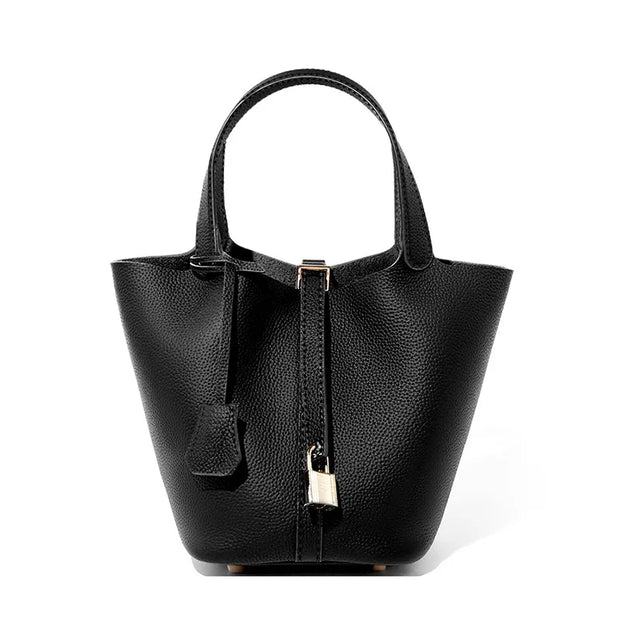 Ladies Handbag Female Bucket Bag Basket Shoulder Bag Travel Bag Large Soft Cowhide Leather Tote with Lock Design