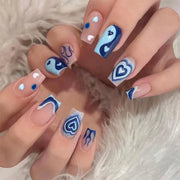 24pcs/Box Long T Handmade French Flame Wave Love With Diamond False Nail Enhancement Waterproof Gel Fake Nails