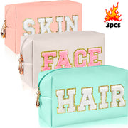 Chenille Letter Cosmetic Bag PU Leather Waterproof Pouch Cute Zipper Organizer, Skin, Hair and Face - Luxe Ladies Moda
