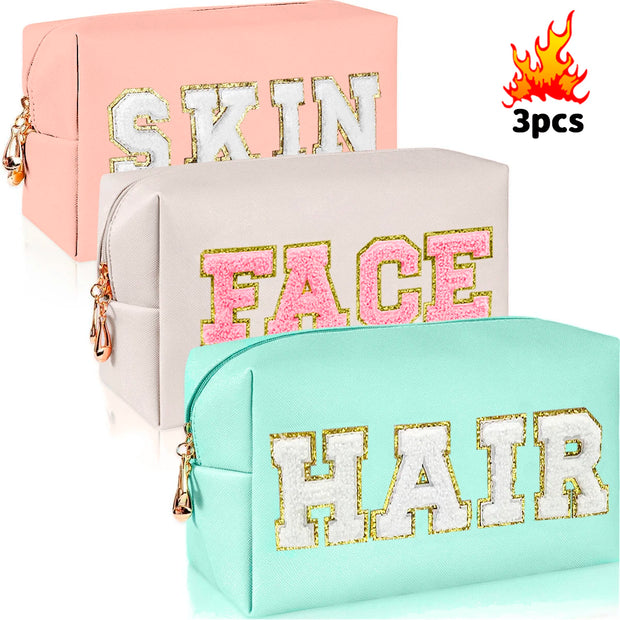 Chenille Letter Cosmetic Bag PU Leather Waterproof Pouch Cute Zipper Organizer, Skin, Hair and Face - Luxe Ladies Moda