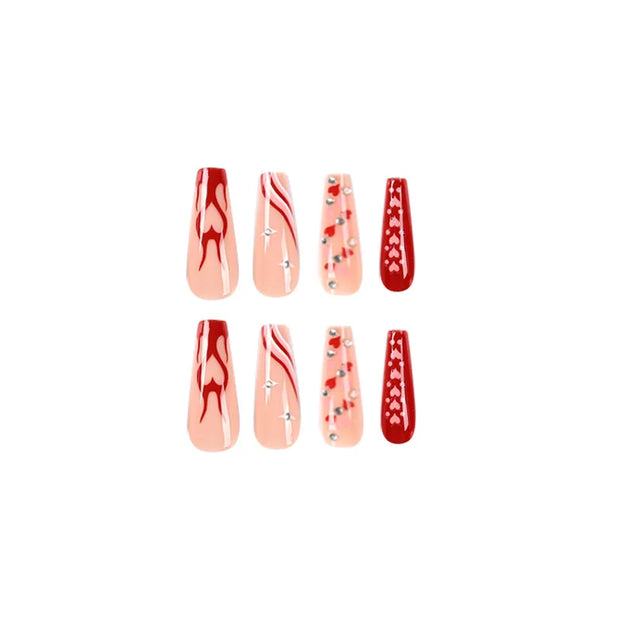 24pcs/Box Long T Handmade French Flame Wave Love With Diamond False Nail Enhancement Waterproof Gel Fake Nails