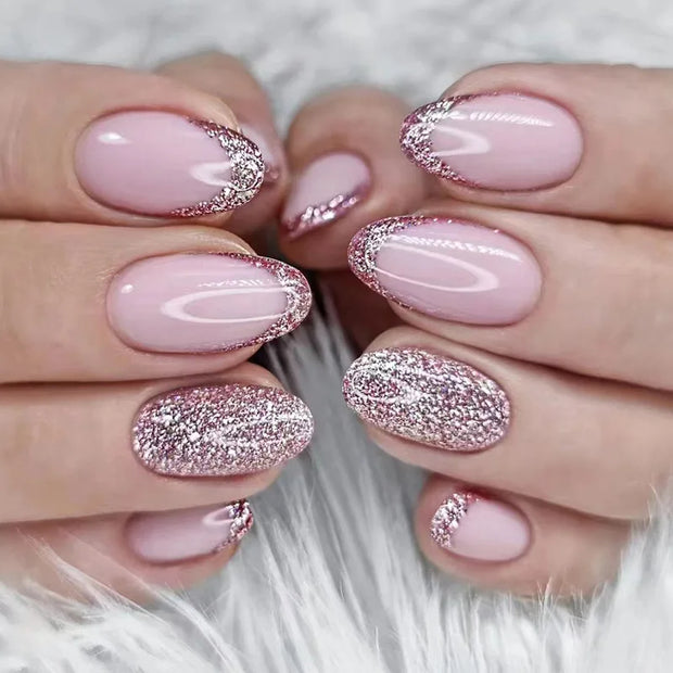 24pcs Detachable Almond French False Nails DIY Glitter Design Press on Nails Fake Nials DIY Manicure Nail Tips - Luxe Ladies Moda