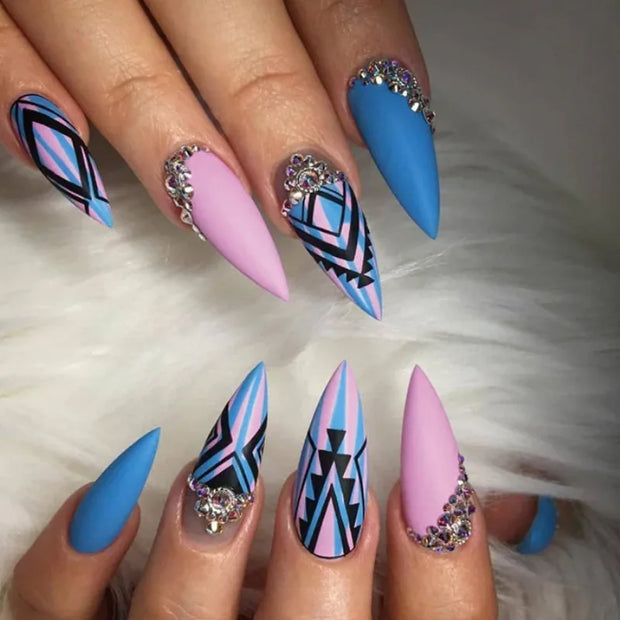 24pcs/Box Long T Handmade French Flame Wave Love With Diamond False Nail Enhancement Waterproof Gel Fake Nails