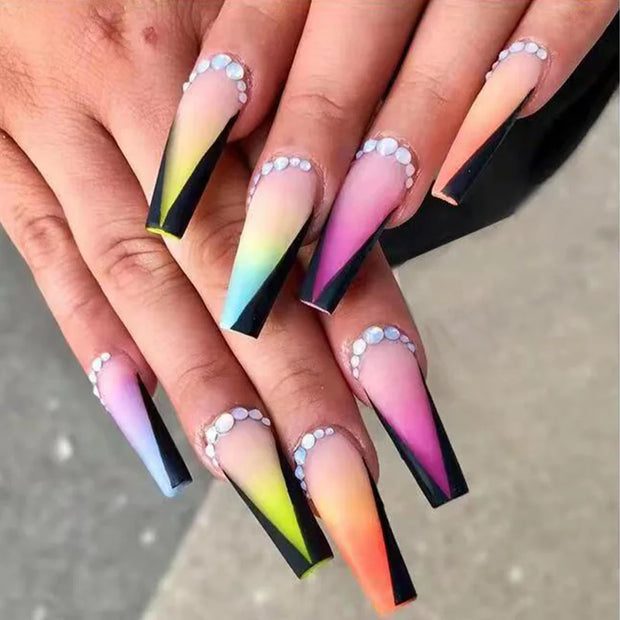 24pcs/Box Long T Handmade French Flame Wave Love With Diamond False Nail Enhancement Waterproof Gel Fake Nails