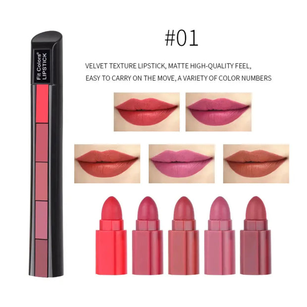 Sexy 5 In 1 Matte Velvet Texture Red Lipstick Strip Lip Gloss Makeup Set for Long Lasting & Non-stick Cup Cosmetics - Luxe Ladies Moda