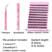 DIY Eyelash Extension Kit 200pcs Individual Lashes Cluster D Curl, 8-16mm Mix Lash Clusters with Lash Tweezers - Luxe Ladies Moda