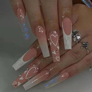 24pcs/Box Long T Handmade French Flame Wave Love With Diamond False Nail Enhancement Waterproof Gel Fake Nails