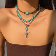 3pcs Set Vintage Ethnic Style Bull Head Pendant Necklace for Women Exquisite Green Stone Beads Clavicle Chain Jewelry - Luxe Ladies Moda