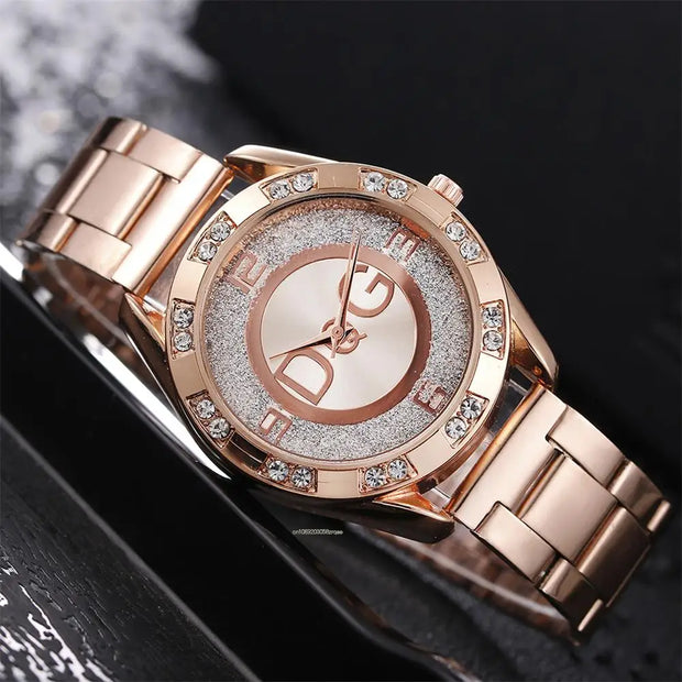 Women Watch Fashion with Diamonds Crystal Design Quartz Watches Leisure Rose Gold Stainless Steel Strap Clock - Luxe Ladies Moda