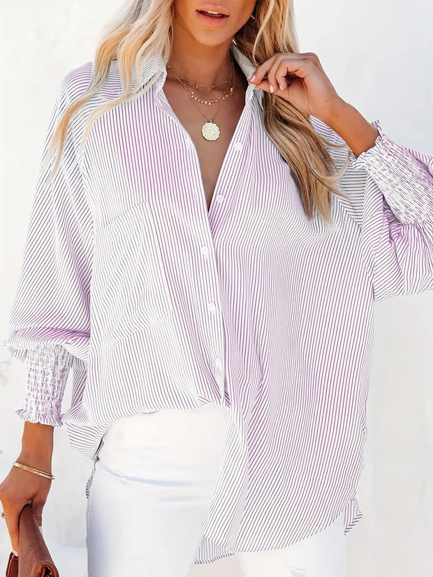 Women's Striped Print Button Front Frill Trim Raglan Sleeve Pocket Shirt, Clothes for Women, Going Out Tops, Shirts for Women, Casual Long Sleeve Shirred High Low Top for Daily Wear, Fall Tops Preppy 80s Clothes, Women's Clot