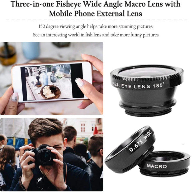 1 Set 3In1 Mobile Phone Fish Eye+Wide Angle+Macro Lightweight Camera Lens With Clip Universal Cell Phone Lens For iPhone - Luxe Ladies Moda