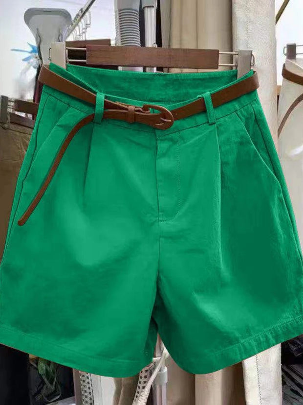 Summer Cotton Shorts for Women Korean Loose Casual Wide Leg Short Belt Solid Color Rose Red Women's Short Pants Female Clothing