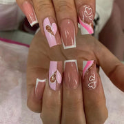 24pcs/Box Long T Handmade French Flame Wave Love With Diamond False Nail Enhancement Waterproof Gel Fake Nails