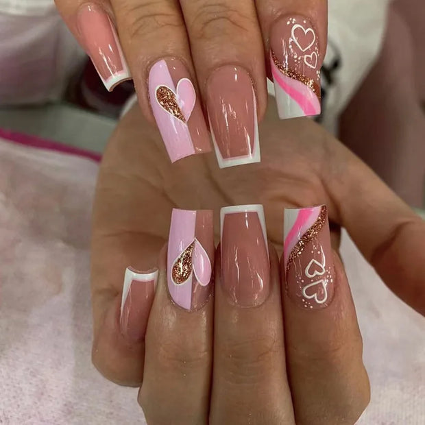 24pcs/Box Long T Handmade French Flame Wave Love With Diamond False Nail Enhancement Waterproof Gel Fake Nails