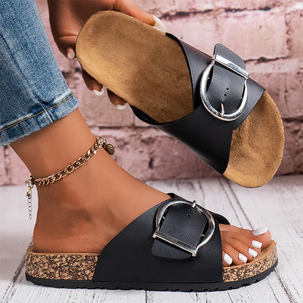 Women's simple solid color buckle cover for wearing flat heeled straight slippers - Luxe Ladies Moda