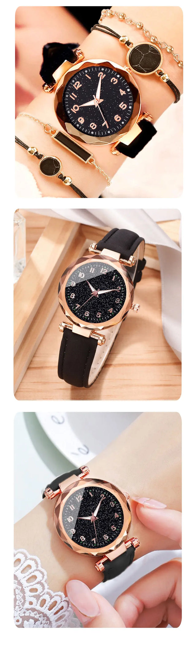 5pcs Set Womens Watches Set Ladies Fashion Watch Black Female New Simple Casual Womens Analog WristWatch Bracelet Gift No Box