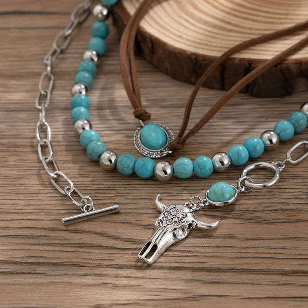 3pcs Set Vintage Ethnic Style Bull Head Pendant Necklace for Women Exquisite Green Stone Beads Clavicle Chain Jewelry - Luxe Ladies Moda