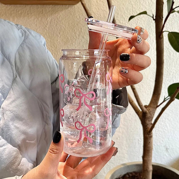 500Ml Pink Bow Print Water Bottle Drinking Can Iced Hot Coffee Juice Plastic Cup Pink Bowknot Tumbler Cup - Luxe Ladies Moda