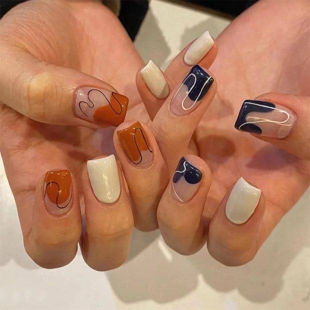 24pcs/Box Long T Handmade French Flame Wave Love With Diamond False Nail Enhancement Waterproof Gel Fake Nails