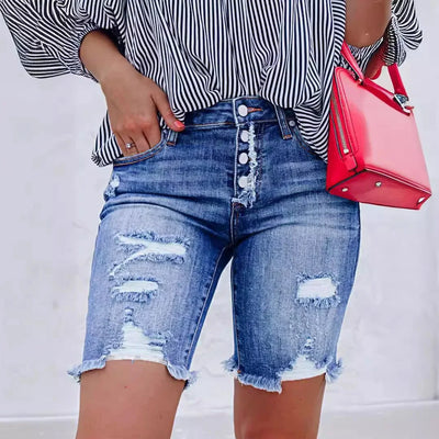 Cross-Border Trade Slims You Smooths Your Silhouette Buckle Denim Shorts Women's Street Style Torn Fringe Tight Four - Luxe Ladies Moda