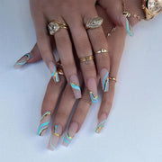 24pcs/Box Long T Handmade French Flame Wave Love With Diamond False Nail Enhancement Waterproof Gel Fake Nails