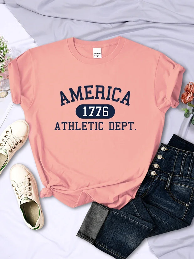 America 1776 Athletic Dept Letter T-Shirt Female Sport Casual Top Cool Hip Hop Tee Shirt Soft Breathable T Shirt Women