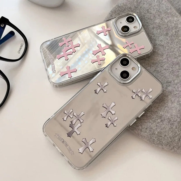 Luxury Pink Jesus Christ Cross Mirror Face Phone Case For iPhone 15 14 13 12 11 Pro Max Hard Acrylic Makeup Mirror iPhone Cases - Luxe Ladies Moda