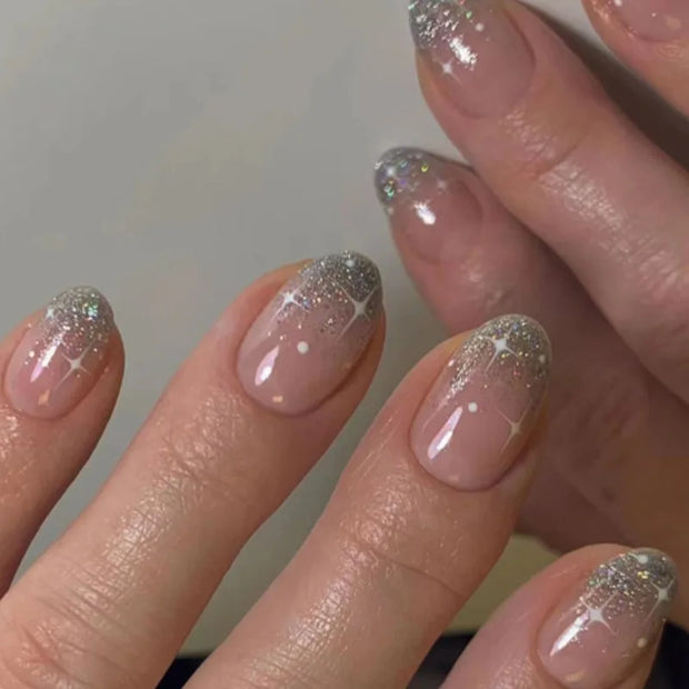 24pcs Detachable Almond French False Nails DIY Glitter Design Press on Nails Fake Nials DIY Manicure Nail Tips - Luxe Ladies Moda