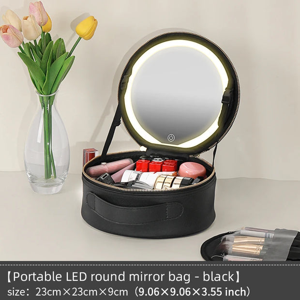 Travel PUMakeup Bag With Led Mirror, Portable Cosmetic Bag With Mirror And Light, Travel Rechargeable Makeup Bag With Led Lights - Luxe Ladies Moda