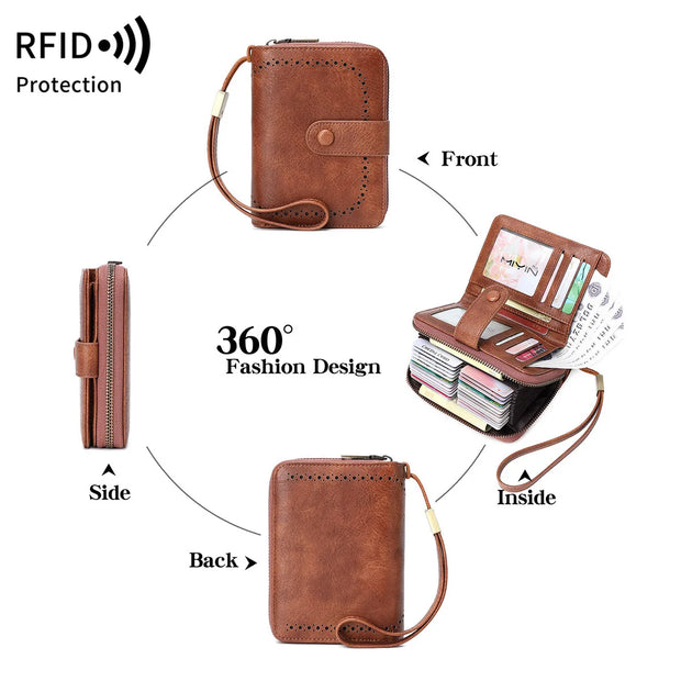 Anti-Theft Brush Bag for Ladies, Oil Wax Leather, Short Purse, European and American Retro, Multi-Function, organ Card Bag - Luxe Ladies Moda