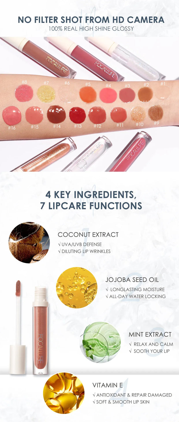 Lip Gloss Moisturizing Long Lasting Juicy Jelly Lip Tint 16 Colors Shiny Transparent Lipgloss Women's Cosmetics
