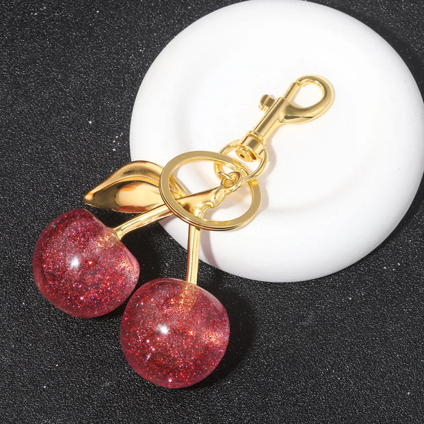 Delicious Crystal Red Pink Cherry Keychain Summer Fruits Cherries Pendant Keyring For Women Men Jewelry Bag Key Accessories