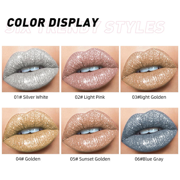 QIBEST shimmer lip gloss beauty girl diamond glitter lip tint waterproof long lasting 6 colors gray flash liquid lipstick makeup - Luxe Ladies Moda