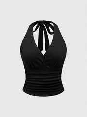 Leopard Printed V-neck Backless Halter Crop Top for Women Summer Sexy Y2K Sleeveless Ruched Top Streetwear