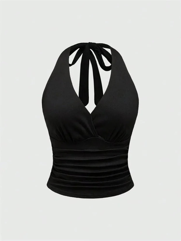 Leopard Printed V-neck Backless Halter Crop Top for Women Summer Sexy Y2K Sleeveless Ruched Top Streetwear