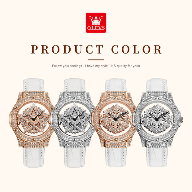 OLEVS Elegant Quartz Watch for Women Luxury Star Snowflake Dial Women's Watches Leather Strap Fashion Ladies Wrist Watches Clock - Luxe Ladies Moda