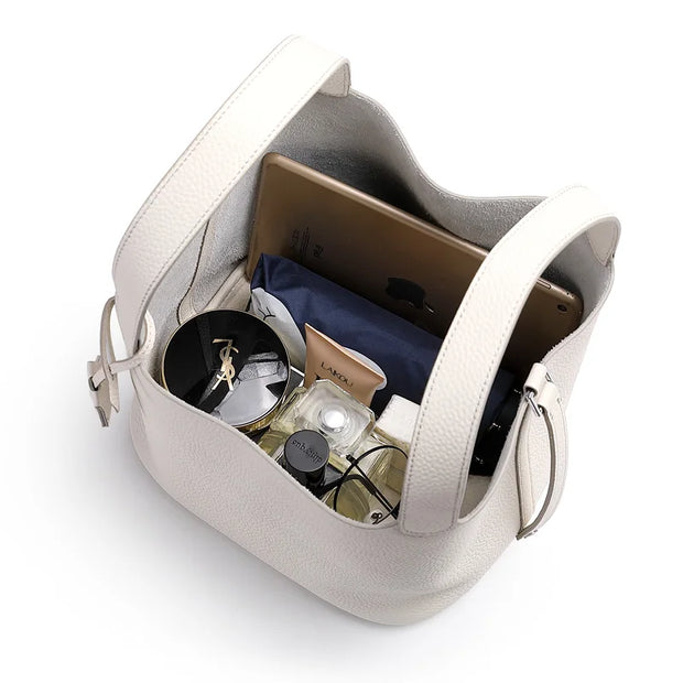 Ladies Handbag Female Bucket Bag Basket Shoulder Bag Travel Bag Large Soft Cowhide Leather Tote with Lock Design