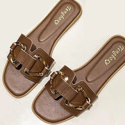 Women Metal Decor Single Band Flat Sandals Fashion Sexy Open Toe Outdoors Slides Luxurious Office Ladies Party Female Shoes - Luxe Ladies Moda