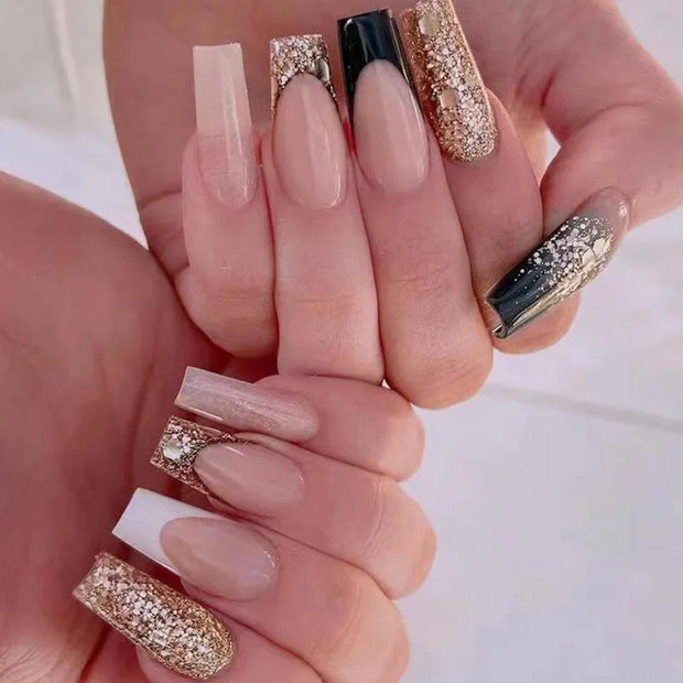 24pcs/Box Long T Handmade French Flame Wave Love With Diamond False Nail Enhancement Waterproof Gel Fake Nails