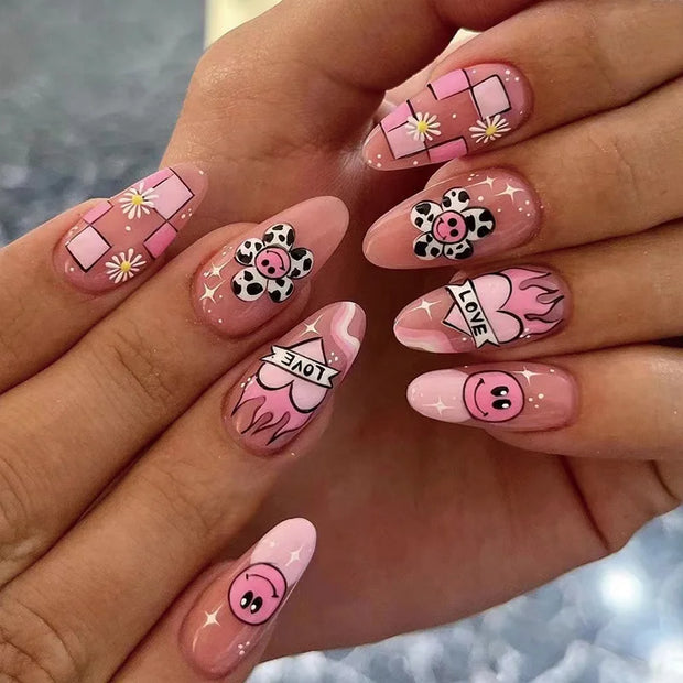 24pcs/Box Long T Handmade French Flame Wave Love With Diamond False Nail Enhancement Waterproof Gel Fake Nails