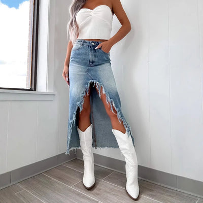 High-Waisted Irregular Burlap Denim Skirt Women's Do Old Washed Half-Body Skirt Denim Casual Skirt Women's