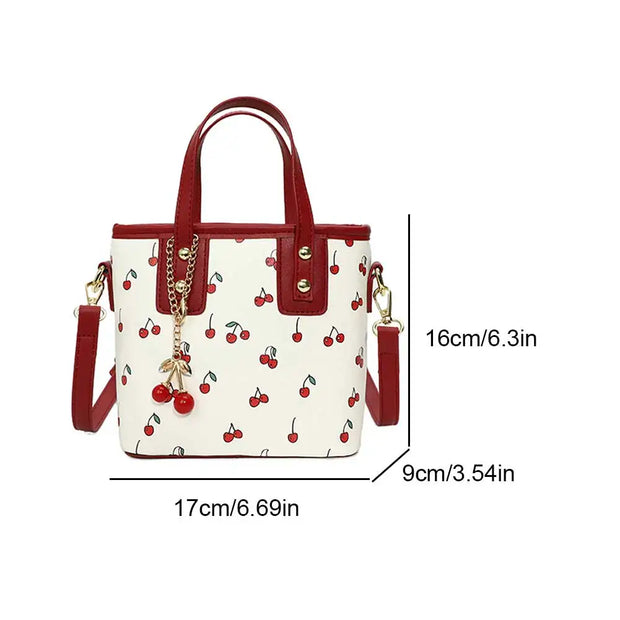 Women PU Cherry Shoulder Bag Large Capacity Stylish Crossbody Bag with Cherry Pendant Simple Messenger Bag Aesthetic Handbag - Luxe Ladies Moda