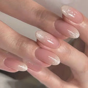 Glossy Press on Nails Set Short Oval Shiny Gradient French Nail Art Design Reusable Full Cover Fake Nails with Glue for Girls