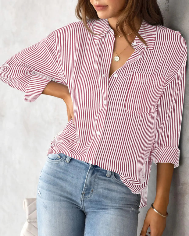 Women's Shirt Blouse Pink Striped classic Print Button Long Sleeve Casual No pockets Daily Basic Shirt - Luxe Ladies Moda