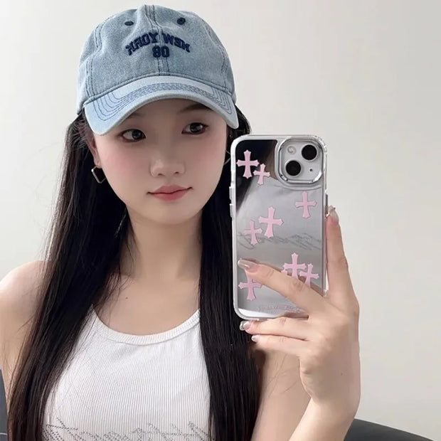 Luxury Pink Jesus Christ Cross Mirror Face Phone Case For iPhone 15 14 13 12 11 Pro Max Hard Acrylic Makeup Mirror iPhone Cases - Luxe Ladies Moda