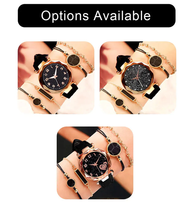 5pcs Set Womens Watches Set Ladies Fashion Watch Black Female New Simple Casual Womens Analog WristWatch Bracelet Gift No Box