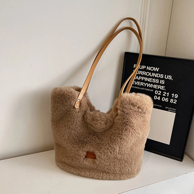Women Plush Shoulder Bag Fluffy Furry Underarm Bag Large Capacity Fuzzy Purse Solid Handbag for Work Travel Shopping - Luxe Ladies Moda